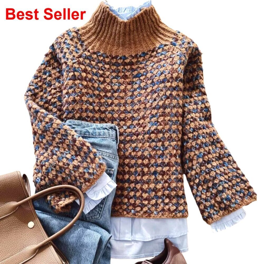 Mock Neck Chunky Knit Pullover Sweater Long Sleeve Relaxed Fit Crop Top